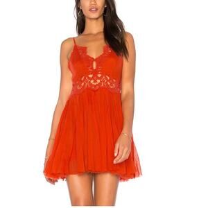 FREE PEOPLE FP ONE Ilektra Lace Inset Cotton Chemise Slip Dress Orange Womens XS